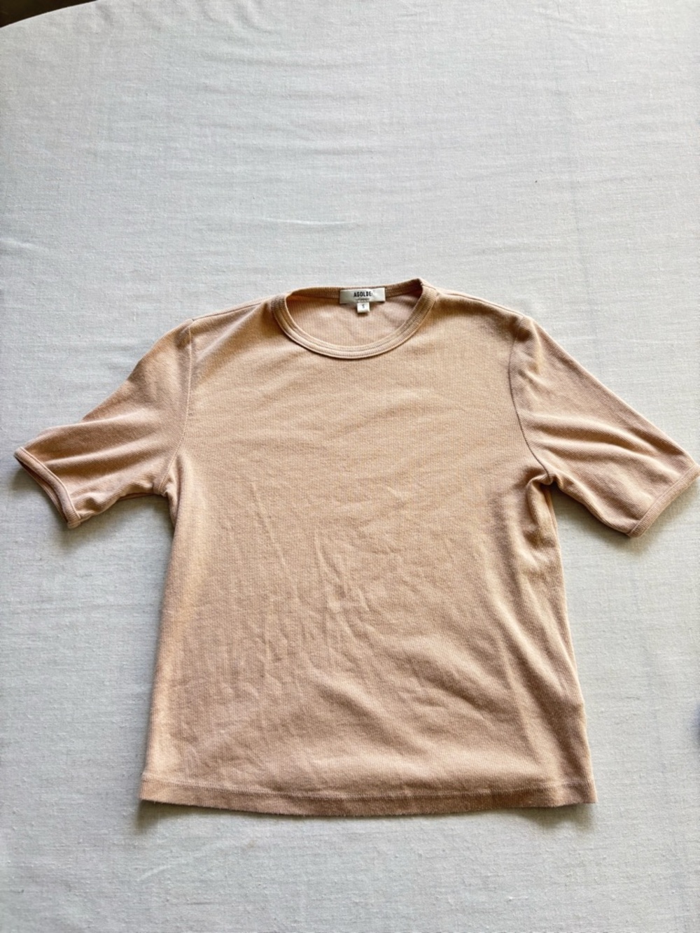 AGOLDE Ribbed Short Sleeve Tee Beige Slim Fit Size S